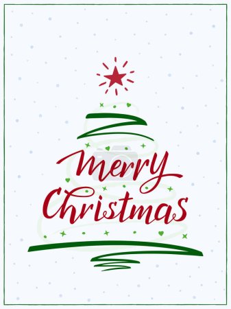 Feliz Navidad escrito a mano Lettering, caligrafía cepillo moderno. Un árbol de Navidad está hecho del texto, el trazo de la pluma, la estrella roja y las decoraciones. Para tarjeta de felicitación, postal, invitación, web, impresión, póster.