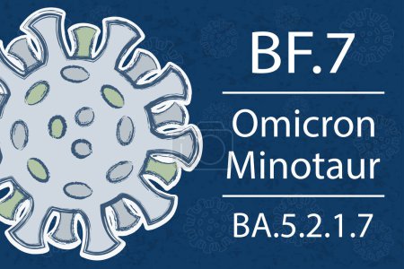 Illustration for A new coronavirus sub-variant BF.7, sublineage of Omicron BA.5 (BA.5.2.1.7). Also known as "Minotaur". Pango lineage B.1.1.529.5.2.1.7. White text on dark blue background with image of coronavirus. - Royalty Free Image