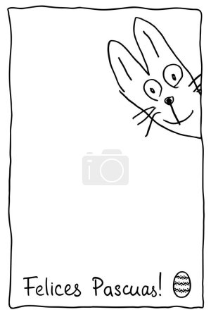 Illustration for Cute funny Easter Bunny with the words Felices Pascuas, which means Happy Easter in Spanish. The hand-drawn hare looks out from around the corner. The text is written in simple handwriting. Black and white illustration. - Royalty Free Image