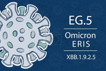 Illustration for A new Omicron variant EG.5 alias XBB.1.9.2.5. Also known as Eris. White text on dark blue background with image of coronavirus. - Royalty Free Image