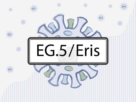 EG.5 / Eris im Zeichen. Coronovirus mit Stachelproteinen anderer Farbe, die Mutationen symbolisieren. Neue Omicron-Subvariante vor dem Hintergrund der covid-19-Fallstatistik. 