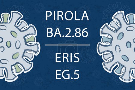 Illustration for New variants of Omicron Pirola BA.2.86 and Eris EG.5. White text on dark blue background. Different colors of the spike proteins of Coronavirus symbolize different mutations. - Royalty Free Image