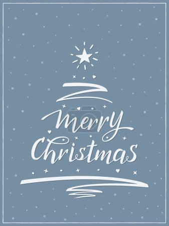 Merry Christmas greeting card with hand lettering, modern brush calligraphy. A Christmas tree is made from the text, pen stroke, star and decorations. Blue and white.