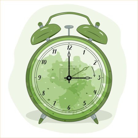 Illustration for Illustration of an alarm clock. The green color symbolizes the spring time. Time change symbol. Moving the hands forward from 2:00 to 3:00. The arrow indicates the direction of setting of the hands. - Royalty Free Image