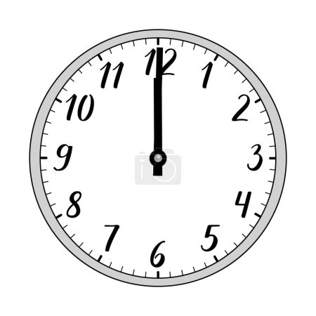 Vektorillustration einer runden analogen Uhr, die 12 Stunden des Tages oder 24 Stunden der Nacht zeigt. Die Uhr hat eine graue Lünette und schöne handgeschriebene Ziffern. Mittag oder Mitternacht.