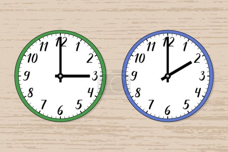 Illustration of two wall clocks on wood. The green one symbolizes summer, the blue one winter. Symbol of time change. Transition of time, the change to standart time. Moving the hands backward.