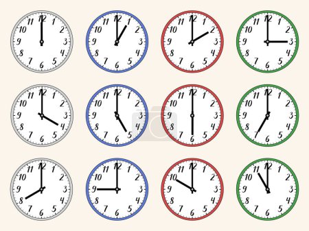 Ilustración vectorial de un reloj analógico redondo con números escritos a mano. 1, 2, 3, 4, 5, 6, 7, 8, 9, 10, 11, 12, 13, 14, 15, 16, 17, 18, 19, 20, 21, 22, 23, 24 horas. Bisel gris, rojo, azul, verde.