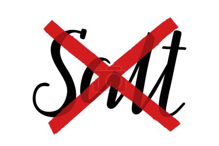 Illustration for No salt. The word salt is handwritten and crossed out with red lines. Handletterin. Inscription in English. Black isolated word and red intersecting brush lines on white background. Vector text. - Royalty Free Image