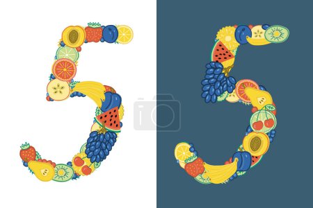 The number 5 is made up of brightly colored fruits and berries. Different fives one on a white and one on a dark blue background. Hand-drawn in doodle style.