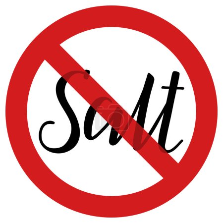 No salt. The handwritten word salt is in prohibition sign. Inscription in English. Black word shining through red no symbol on white background. Vector text. Food label, nutritional information.