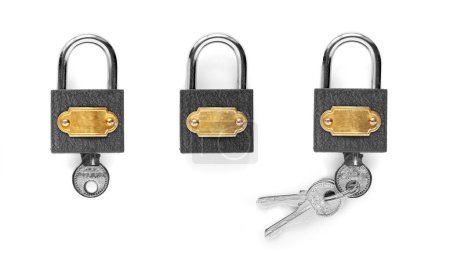 Photo for Closed padlock with keys to it isolated on white background. - Royalty Free Image