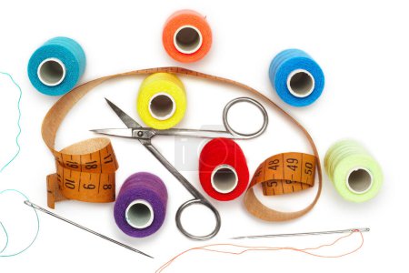 Photo for Accessories for sewing and cutting. Needle thread scissors measuring tape. - Royalty Free Image