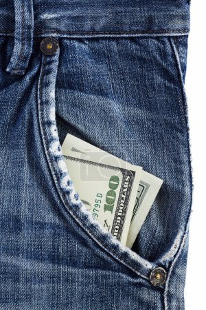 Photo for Banknote denominations of 100 dollars in the pocket of denim trousers - Royalty Free Image