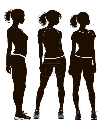 Photo for Black silhouettes of the three girls is isolated on a white background. Girl is standing there motionless. Looking sideways, up, out front - Royalty Free Image