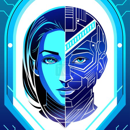 Photo for Artificial intelligence. Cyborg head in high tech future. Design of lines and dots. Blue background. - Royalty Free Image