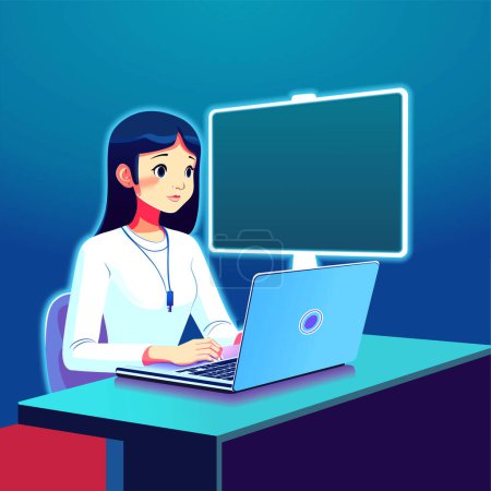 Photo for Business woman lady working on a laptop computer at her clean and sleek office desk. Flat style color modern vector illustration. - Royalty Free Image