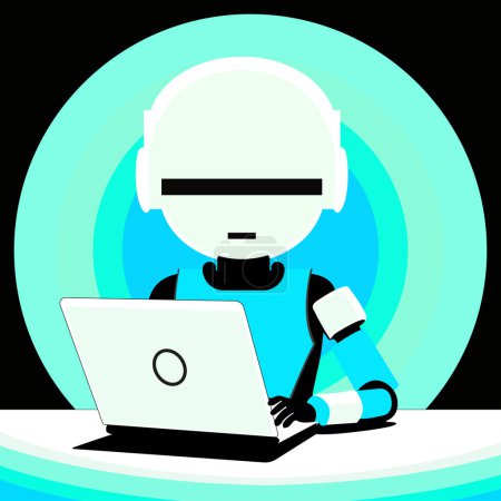 Ilustración de Robot haciendo trabajo de oficina. Robot sentado frente a un ordenador portátil. - Imagen libre de derechos