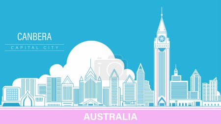 Photo for Australia Canberra capital city skyline with a pink ribbon around it and a blue sky background with a white tower, illustration, typographic style - Royalty Free Image