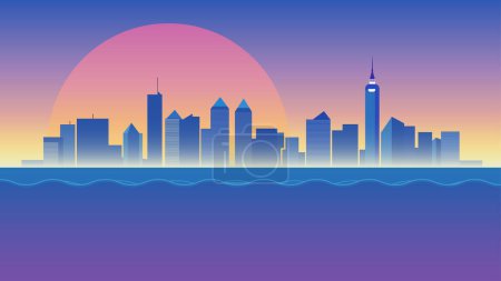 Photo for City skyline with a sunset in the background and a large body of water in front - Royalty Free Image