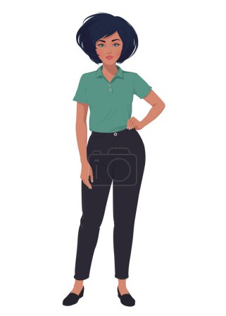 Photo for A girl employee dressed in pants and a T-shirt stands with her hand on her hip. - Royalty Free Image
