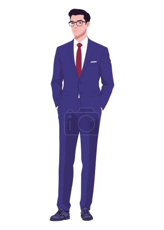 Photo for A business man in a blue business suit and glasses stands with his hands in his pockets, a serious look, boss - Royalty Free Image