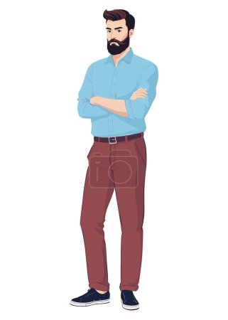 Illustration for A bearded man in a blue shirt and brown trousers stands with his arms crossed on his chest - Royalty Free Image