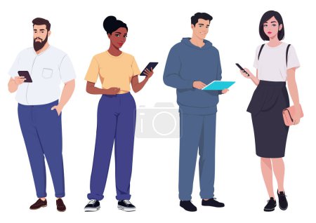 Illustration for Vector illustration of young men and women with gadgets in casual attire - Royalty Free Image