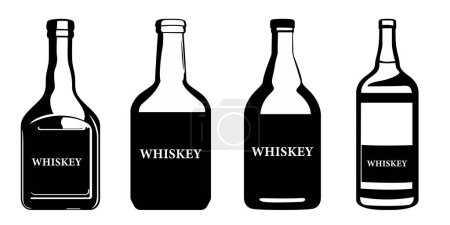 Photo for Set of black and white silhouettes of bottles with whiskey alcohol - Royalty Free Image