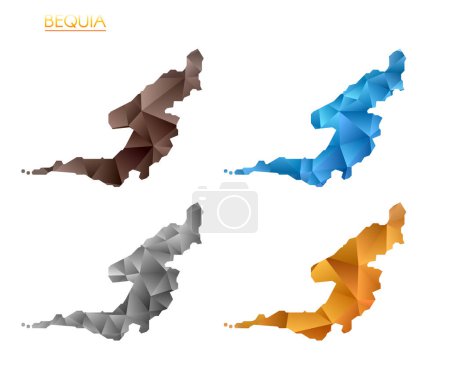 Illustration for Set of vector polygonal maps of Bequia. Bright gradient map of island in low poly style. Multicolored Bequia map in geometric style for your infographics. Powerful vector illustration. - Royalty Free Image