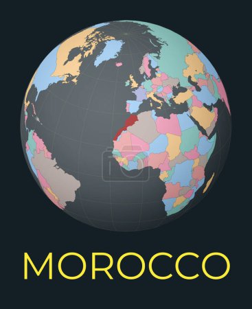 Illustration for World map centered to Morocco. Red country highlighted. Satellite world view centered to country with name. Vector Illustration. - Royalty Free Image