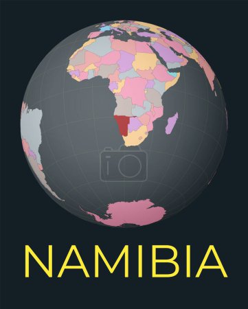 Ilustración de Mapa del mundo centrado en Namibia. País rojo resaltado. Satélite vista del mundo centrado en el país con nombre. Ilustración vectorial. - Imagen libre de derechos