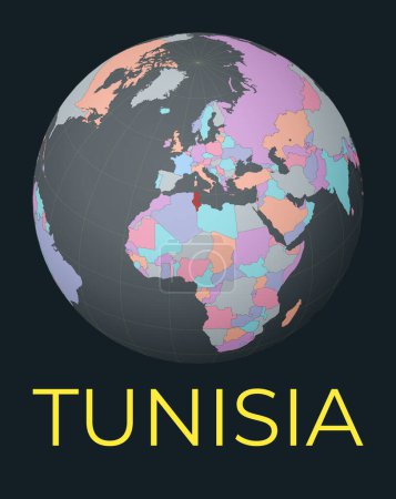 Ilustración de Mapa del mundo centrado en Túnez. País rojo resaltado. Satélite vista del mundo centrado en el país con nombre. Ilustración vectorial. - Imagen libre de derechos