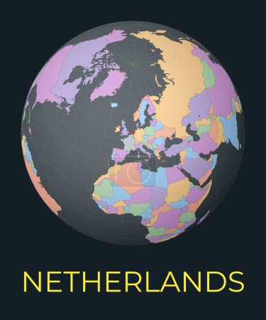 Téléchargez les illustrations : World map centered to Netherlands. Red country highlighted. Satellite world view centered to country with name. Vector Illustration. - en licence libre de droit