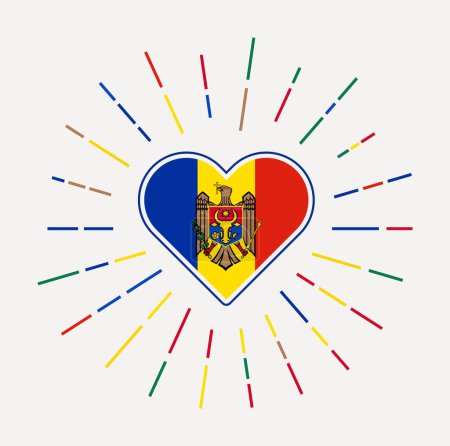 Illustration for Moldova heart with flag of the country. Sunburst around Moldova heart sign. Vector illustration. - Royalty Free Image