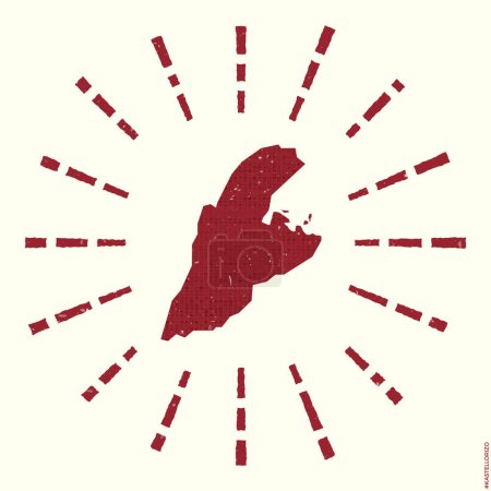 Illustration for Kastellorizo Logo. Grunge sunburst poster with map of the island. Shape of Kastellorizo filled with hex digits with sunburst rays around. Astonishing vector illustration. - Royalty Free Image