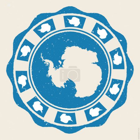 Ilustración de Antarctica vintage sign. Grunge round logo with map and flags of Antarctica. Awesome vector illustration. - Imagen libre de derechos