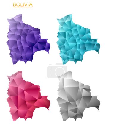 Téléchargez les illustrations : Ensemble de cartes vectorielles polygonales de la Bolivie. Carte à gradient lumineux du pays dans un style poly bas. Carte Bolivie multicolore en style géométrique pour vos infographies. Illustration vectorielle authentique. - en licence libre de droit