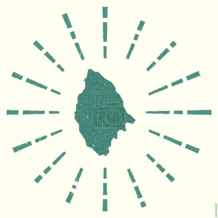 Ilustración de Logo de La Digue. Cartel Grunge sunburst con el mapa de la isla. Forma de La Digue llena de dígitos hexadecimales con rayos solares alrededor. Ilustración vectorial radiante. - Imagen libre de derechos