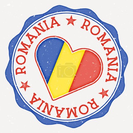 Romania heart flag logo. Country name text around Romania flag in a shape of heart. Creative vector illustration.