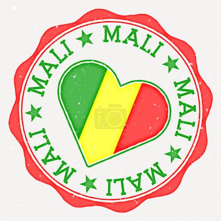 Illustration for Mali heart flag logo. Country name text around Mali flag in a shape of heart. Trendy vector illustration. - Royalty Free Image