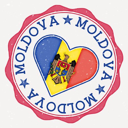 Moldova heart flag logo. Country name text around Moldova flag in a shape of heart. Powerful vector illustration.