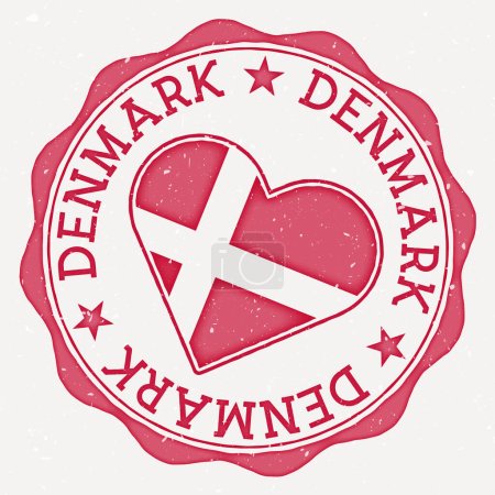 Denmark heart flag logo. Country name text around Denmark flag in a shape of heart. Neat vector illustration.