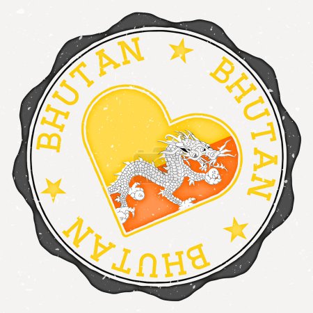 Illustration for Bhutan heart flag logo. Country name text around Bhutan flag in a shape of heart. Superb vector illustration. - Royalty Free Image