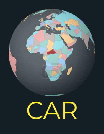 Ilustración de World map centered to CAR. Red country highlighted. Satellite world view centered to country with name. Vector Illustration. - Imagen libre de derechos