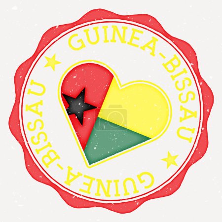 Illustration for Guinea-Bissau heart flag logo. Country name text around Guinea-Bissau flag in a shape of heart. Classy vector illustration. - Royalty Free Image