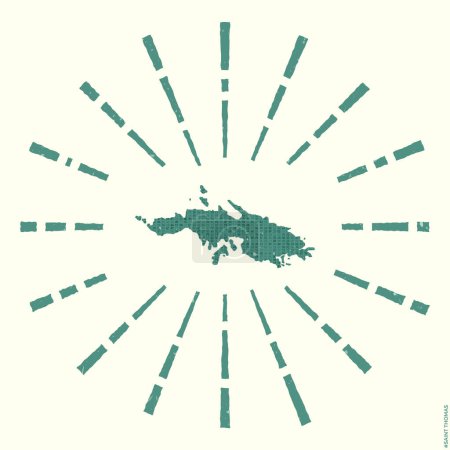 Illustration for Saint Thomas Logo. Grunge sunburst poster with map of the island. Shape of Saint Thomas filled with hex digits with sunburst rays around. Classy vector illustration. - Royalty Free Image