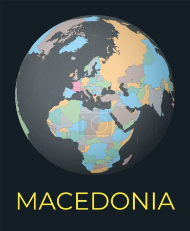 Illustration for World map centered to Macedonia. Red country highlighted. Satellite world view centered to country with name. Vector Illustration. - Royalty Free Image