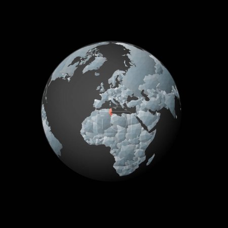 Ilustración de Low poly globe centered to Tunisia. Red polygonal country on the globe. Satellite view of Tunisia. Authentic vector illustration. - Imagen libre de derechos