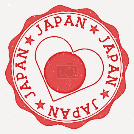 Japan heart flag logo. Country name text around Japan flag in a shape of heart. Authentic vector illustration.