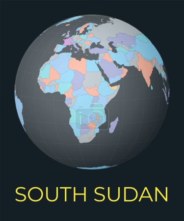 Ilustración de World map centered to South Sudan. Red country highlighted. Satellite world view centered to country with name. Vector Illustration. - Imagen libre de derechos